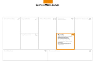 Key Partnerships Key Activities Value Proposition
Customer
Relationships
Customer Segment
Key Resources Channels
Cost Structure Revenue Streams
Through which channels do our customer
segments want to be reached?
How are we reaching them now?
How are our channels integrated?
Which ones work best? Which are more
cost-effective?
How are we integrating them with our
clients' routines?
Business Model Canvas
 