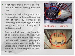 • Hoist ropes made of steel or iron ,
which is used for holding elevators
cars.
• Buffers is a device designed to stop
a descending car beyond its normal
limit of travel by storing or by
absorbing and dissipating the kinetic
energy of the car. Spring or oil
buffers are used.
• Door interlocks prevents operation
of an elevator unless the hoistway
doors are in the closed and locked
position; and prevents opening of a
hoistway door from the landing side
unless the elevator is in the landing
zone and is either stopped or being
stopped.
Hoist ropes Buffers
 