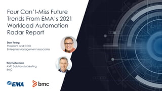 Four Can’t-Miss Future
Trends From EMA’s 2021
Workload Automation
Radar Report
Dan Twing
President and COO
Enterprise Management Associates
Tim Eusterman
AVP, Solutions Marketing
BMC
 