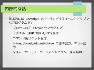 ڲĤԒ

Ĥˤ kevent(2) ǥݩ`󥰤륤٥ȥɥ֥
ʥץǤ
C ץKˣ bhyve ץ饰
C ʥ (HUP, TERM, INT) 
C ޥåå
C bhyve, bhyveload, grub-bhyve Θ˜ʳ`

C ॢ ( `åȥW )
 