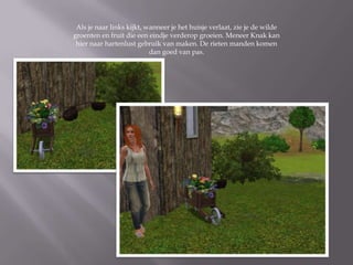 Als je naar links kijkt, wanneer je het huisje verlaat, zie je de wilde
groenten en fruit die een eindje verderop groeien. Meneer Knak kan
 hier naar hartenlust gebruik van maken. De rieten manden komen
                           dan goed van pas.
 