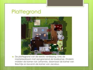 Plattegrond




   De plattegrond van de eerste verdieping. Links de
    masterbedroom met aangrenzend de badkamer. Onderin
    midden de kamer van Johannes, daarnaast de kamer van
    Brechtje en bovenin de kamer van Jacobus.
 