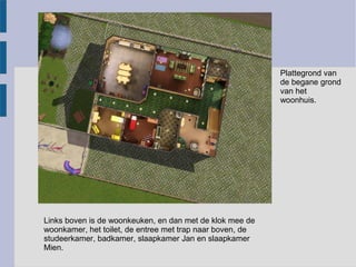 Plattegrond van
                                                           de begane grond
                                                           van het
                                                           woonhuis.




Links boven is de woonkeuken, en dan met de klok mee de
woonkamer, het toilet, de entree met trap naar boven, de
studeerkamer, badkamer, slaapkamer Jan en slaapkamer
Mien.
 