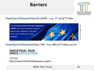 Barriers
Protection of Personal Data (EU GDPR) – e.g., TT: 1% of TT data
Protection of Commercial Data / IPR – e.g., 68% o...
