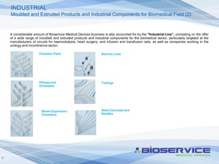 INDUSTRIAL
    Moulded and Extruded Products and Industrial Components for Biomedical Field (2)



    A considerable amount of Bioservice Medical Devices business is also accounted for by the "Industrial Line”, consisting on the offer
    of a wide range of moulded and extruded products and industrial components for the biomedical sector, particularly targeted at the
    manufacturers of circuits for haemodialysis, heart surgery, and infusion and transfusion sets, as well as companies working in the
    urology and incontinence sector.

                       Chamber Parts                            Service Lines




                       Pillows and                              Tubings
                       Chambers




                        Blown Expansion                         Steel Cannulas and
                        Chambers                                Needles




7
 