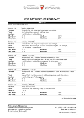 Meteorological Directorate
Meteorological Directorate
FIVE DAY WEATHER FORECAST
UPDATED
Issued at 1023 LT on 20/11/2022
Forecast For: Sunday, 20/11/2022
Weather Generally fine with rising sand in places and cool tonight.
Wind NW'ly 15 to 20kt reaching 22 to 27kt at times.
Sea State 1 to 3ft inshore, 3 to 6ft offshore.
Max. Temp. 27 ºC Min.Temp 19 ºC
Max. Hum. 70 % Min. Hum. 25 %
Forecast For: Monday, 21/11/2022
Weather Generally fine with rising sand in places and cool overnight.
Wind NW'ly 13 to 18kt reaching 20 to 25kt at times decreasing 8 to 13kt overnight.
Sea State 1 to 3ft inshore, 3 to 6ft offshore.
Max. Temp 27 ºC Min.Temp 19 ºC
Max. Hum. 70 % Min. Hum. 25 %
Forecast For: Tuesday, 22/11/2022
Weather Mostly cloudy with a chance of scattered rain showers at times.
Wind Mainly N'ly 7 to 12kt reaching 12 to 17kt with gust may reach 30kt at times
Sea State 1 to 2ft inshore, 2 to 4ft offshore rising up to 7ft during gusts.
Max. Temp 28 ºC Min.Temp 20 ºC
Max. Hum. 85 % Min. Hum. 30 %
Forecast For: Wednesday, 23/11/2022
Weather Mostly cloudy with a chance of scattered rain showers at times, becoming partly cloudy
later.
Wind Mainly NW'ly 5 to 10kt reaching 10 to 15kt with gust may reach 30kt at times.
Sea State 1 to 3ft, rising up to 7ft during gusts.
Max. Temp 28 ºC Min.Temp 20 ºC
Max. Hum. 85 % Min. Hum. 30 %
Forecast For: Thursday, 24/11/2022
Weather Partly cloudy at times.
Wind Variable 5 to 10kt but mainly NW'ly 10 to 15kt at times.
Sea State 1 to 3ft.
Max. Temp 28 ºC Min.Temp 20 ºC
Max. Hum. 85 % Min. Hum. 30 %
Sr. Meteorologist: ANB
Meteorological Directorate
Website: www.bahrainweather.gov.bh Tel.: (+973) 17321175/17321174
P.O. Box 586, Kingdom of Bahrain Fax: (+973) 17339110
E-mail: metuser@mtt.gov.bh
MET-OF-05-OPS(REV.1-15-05-2022)
 
