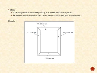  Birai
 APA menyarankan manuskrip ditaip di atas kertas A4 atau quarto.
 Di bahagian tepi di sebelah kiri, kanan, atas dan di bawah beri ruang kosong.
Contoh:
 