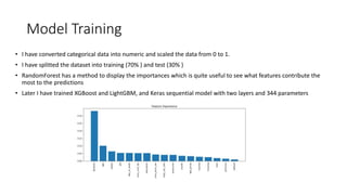 Model Training
• I have converted categorical data into numeric and scaled the data from 0 to 1.
• I have splitted the dataset into training (70% ) and test (30% )
• RandomForest has a method to display the importances which is quite useful to see what features contribute the
most to the predictions
• Later I have trained XGBoost and LightGBM, and Keras sequential model with two layers and 344 parameters
 