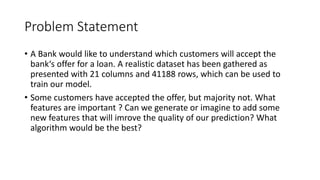 Problem Statement
• A Bank would like to understand which customers will accept the
bank‘s offer for a loan. A realistic dataset has been gathered as
presented with 21 columns and 41188 rows, which can be used to
train our model.
• Some customers have accepted the offer, but majority not. What
features are important ? Can we generate or imagine to add some
new features that will imrove the quality of our prediction? What
algorithm would be the best?
 