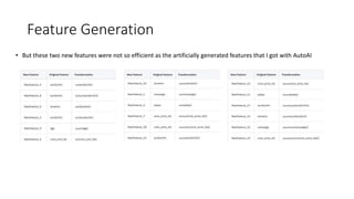 Feature Generation
• But these two new features were not so efficient as the artificially generated features that I got with AutoAI
 