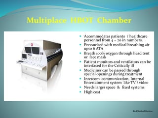 Multiplace HBOT Chamber
 Accommodates patients / healthcare
personnel from 4 – 20 in numbers.
 Pressurised with medical breathing air
upto 6 ATA
 Breath 100% oxygen through head tent
or face mask
 Patient monitors and ventilators can be
interfaced for the Critically ill
 Medicines can be passed through
special openings during treatment
 Intercom communication, Internal
Entertainment system like TV / video
 Needs larger space & fixed systems
 High cost
Bird Medical Devices
 