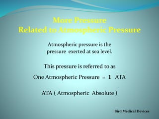 More Pressure
Related to Atmospheric Pressure
Atmospheric pressure is the
pressure exerted at sea level.
This pressure is referred to as
One Atmospheric Pressure = 1 ATA
ATA ( Atmospheric Absolute )
Bird Medical Devices
 