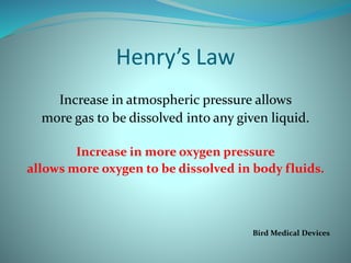 Henry’s Law
Increase in atmospheric pressure allows
more gas to be dissolved into any given liquid.
Increase in more oxygen pressure
allows more oxygen to be dissolved in body fluids.
Bird Medical Devices
 