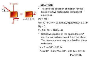 SOLUTION:
• Resolve the equation of motion for the
block into two rectangular component
equations.
ΣFx = ma :
Pcos30 - 0.25N = (6.21lb.s2/ft)(10ft/s2)= 6.21lb
ΣFy = 0 :
N − Psin 30° − 200lb = 0
• Unknowns consist of the applied force P
and the normal reaction N from the plane.
The two equations may be solved for these
unknowns.
N = P sin 30° + 200 lb
P cos 30° - 0.25(P Sin 30° + 200 lb) = 62.1 lb

P = 151 lb

 