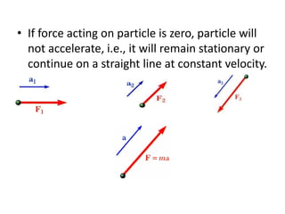 • If force acting on particle is zero, particle will
not accelerate, i.e., it will remain stationary or
continue on a straight line at constant velocity.

 