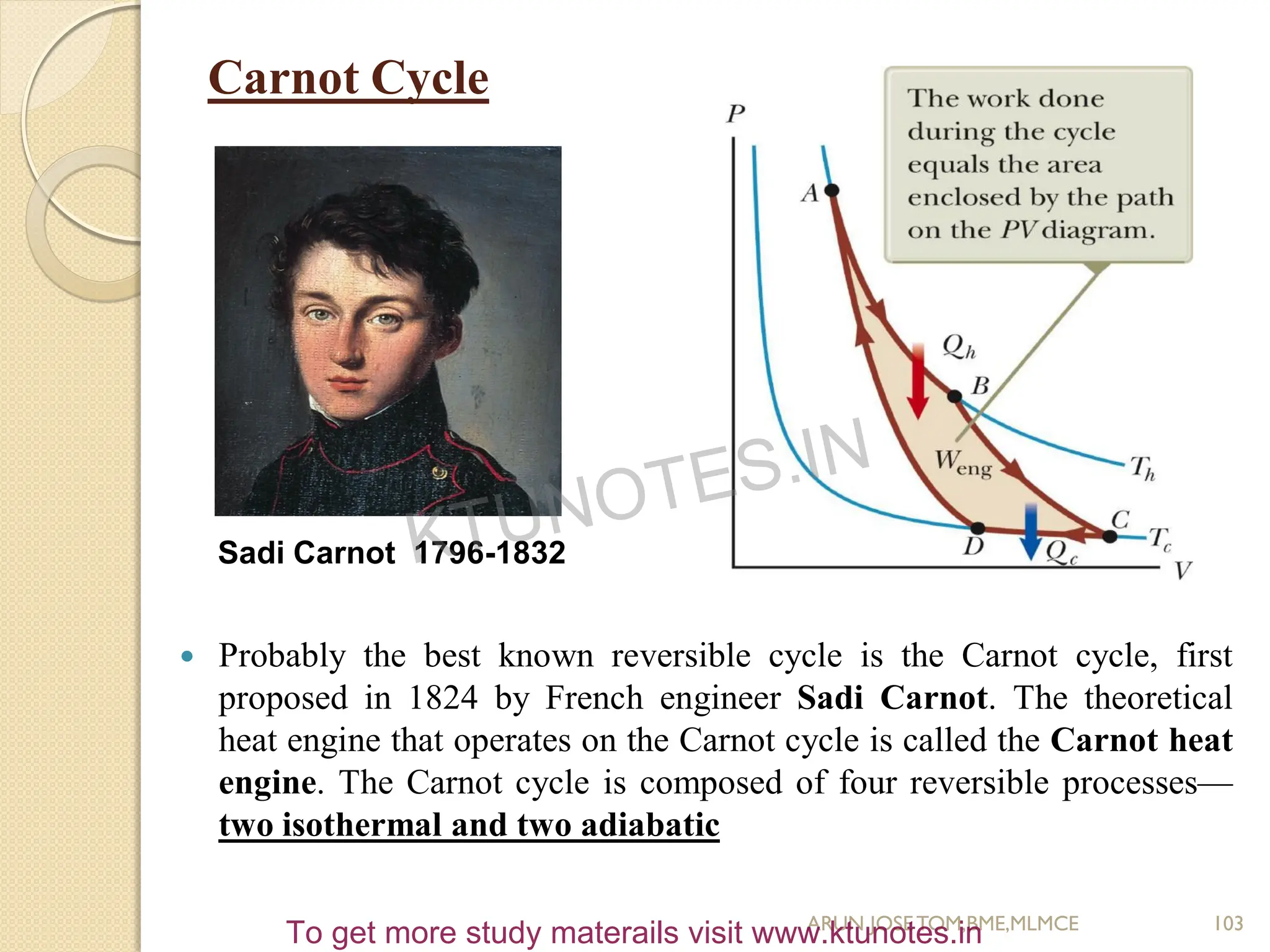 Carnot Cycle
 Probably the best known reversible cycle is the Carnot cycle, first
proposed in 1824 by French engineer Sadi Carnot. The theoretical
heat engine that operates on the Carnot cycle is called the Carnot heat
engine. The Carnot cycle is composed of four reversible processes—
two isothermal and two adiabatic
Sadi Carnot 1796-1832
103
ARUN JOSETOM,BME,MLMCE
KTUNOTES.IN
To get more study materails visit www.ktunotes.in
 