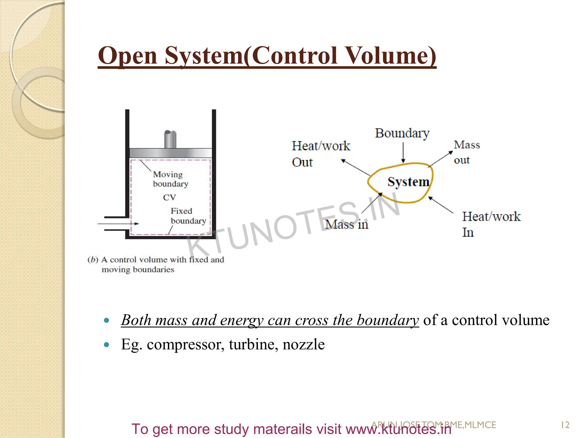 Open System(Control Volume)
 Both mass and energy can cross the boundary of a control volume
 Eg. compressor, turbine, nozzle
12
ARUN JOSETOM,BME,MLMCE
KTUNOTES.IN
To get more study materails visit www.ktunotes.in
 
