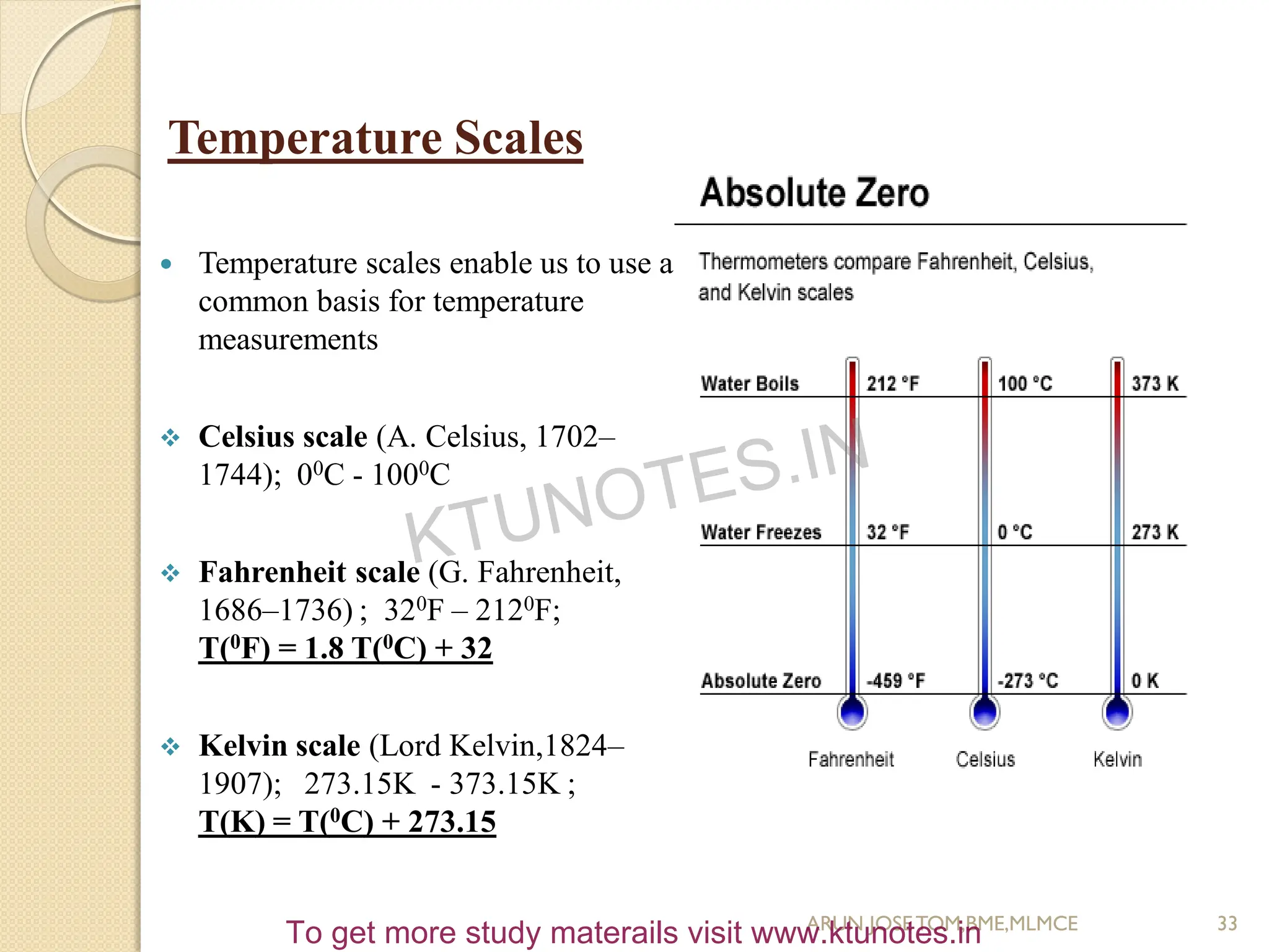 Temperature Scales
 Temperature scales enable us to use a
common basis for temperature
measurements
 Celsius scale (A. Celsius, 1702–
1744); 00C - 1000C
 Fahrenheit scale (G. Fahrenheit,
1686–1736) ; 320F – 2120F;
T(0F) = 1.8 T(0C) + 32
 Kelvin scale (Lord Kelvin,1824–
1907); 273.15K - 373.15K ;
T(K) = T(0C) + 273.15
33
ARUN JOSETOM,BME,MLMCE
KTUNOTES.IN
To get more study materails visit www.ktunotes.in
 