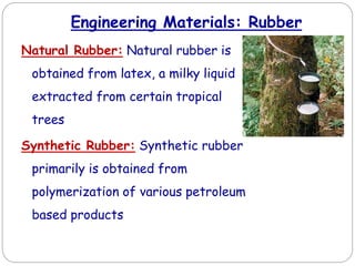 Engineering Materials: Rubber
Natural Rubber: Natural rubber is
obtained from latex, a milky liquid
extracted from certain tropical
trees
Synthetic Rubber: Synthetic rubber
primarily is obtained from
polymerization of various petroleum
based products
 