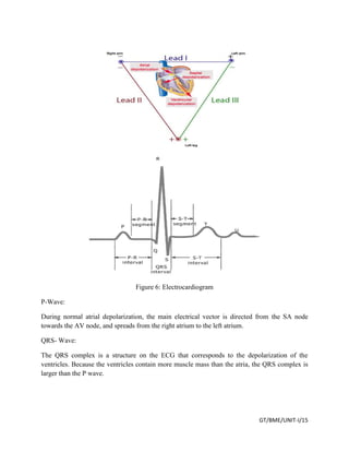 GT/BME/UNIT-I/15
Figure 6: Electrocardiogram
P-Wave:
During normal atrial depolarization, the main electrical vector is directed from the SA node
towards the AV node, and spreads from the right atrium to the left atrium.
QRS- Wave:
The QRS complex is a structure on the ECG that corresponds to the depolarization of the
ventricles. Because the ventricles contain more muscle mass than the atria, the QRS complex is
larger than the P wave.
 