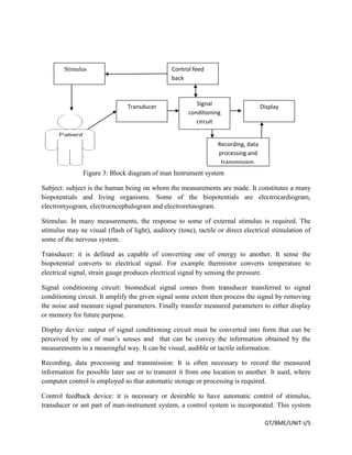 GT/BME/UNIT-I/5
Figure 3: Block diagram of man Instrument system
Subject: subject is the human being on whom the measurements are made. It constitutes a many
biopotentials and living organisms. Some of the biopotentials are electrocardiogram,
electromyogram, electroencephalogram and electroretinogram.
Stimulus: In many measurements, the response to some of external stimulus is required. The
stimulus may ne visual (flash of light), auditory (tone), tactile or direct electrical stimulation of
some of the nervous system.
Transducer: it is defined as capable of converting one of energy to another. It sense the
biopotential converts to electrical signal. For example thermistor converts temperature to
electrical signal, strain gauge produces electrical signal by sensing the pressure.
Signal conditioning circuit: biomedical signal comes from transducer transferred to signal
conditioning circuit. It amplify the given signal some extent then process the signal by removing
the noise and measure signal parameters. Finally transfer measured parameters to either display
or memory for future purpose.
Display device: output of signal conditioning circuit must be converted into form that can be
perceived by one of man’s senses and that can be convey the information obtained by the
measurements in a meaningful way. It can be visual, audible or tactile information.
Recording, data processing and transmission: It is often necessary to record the measured
information for possible later use or to transmit it from one location to another. It used, where
computer control is employed so that automatic storage or processing is required.
Control feedback device: it is necessary or desirable to have automatic control of stimulus,
transducer or ant part of man-instrument system, a control system is incorporated. This system
Transducer
Stimulus
Signal
conditioning
circuit
Display
Control feed
back
Recording, data
processing and
transmission.
 