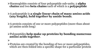 Haemoglobin consists of four polypeptide sub-units; 2 alpha
chains and two beta chains each of which is a polypeptide
A polypeptide is a single linear chain of many amino acids
(any length), held together by amide bonds.
A protein consists of one or more polypeptides (more than about
50 amino acids long)
Polypeptides help make up proteins by bonding numerous
amino acids together.

Proteins are created by the bonding of two or more polypeptides,
which are then folded into a specific shape for a particular protein
 