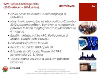 ¡  NASA Ames Research Center meghívja a
HUNAGI-t
¡  Nyári iskola szervezése és lebonyolítása Comoban
2012 szeptemberében. Egy évente rendezendő
pályázat felhívás megfogalmazása (40 résztvevő,
6 magyar)
¡  Együttműködők: NASA ARC, Politechnico di
Milano, GraphiTech, HUNAGI
¡  Pályázati kiírás 2013. február
¡  Beadási határidő: 2013 április 30.
¡  Értékelés és díjátadás: Firenze, INSPIRE
konferencia, 2013. június
¡  Tapasztalatok leszűrése a 2014. évi pályázat
kiírásához
Beszámoló nemzetközi eseményekről
2. Nyílt forráskódú térinformatika munkaértekezlet
BME Általános- és Felsőgeodézia tanszék Budapest, 2013. november 22
Előzmények 16
WW Europa Challenge 2014
(2013 október – 2014 június)
 
