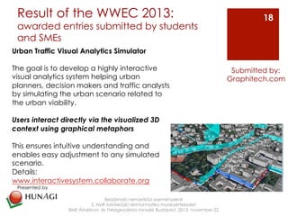 Result of the WWEC 2013:
awarded entries submitted by students
and SMEs
Beszámoló nemzetközi eseményekről
2. Nyílt forráskódú térinformatika munkaértekezlet
BME Általános- és Felsőgeodézia tanszék Budapest, 2013. november 22
Submitted by:
Graphitech.com
18
Urban Traffic Visual Analytics Simulator
The goal is to develop a highly interactive
visual analytics system helping urban
planners, decision makers and traffic analysts
by simulating the urban scenario related to
the urban viability.
Users interact directly via the visualized 3D
context using graphical metaphors
This ensures intuitive understanding and
enables easy adjustment to any simulated
scenario.
Details:
www.interactivesystem.collaborate.org
Presented by
!
 
