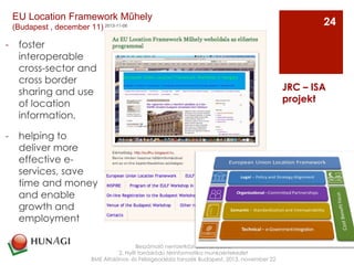 -  foster
interoperable
cross-sector and
cross border
sharing and use
of location
information,
-  helping to
deliver more
effective e-
services, save
time and money
and enable
growth and
employment
Beszámoló nemzetközi eseményekről
2. Nyílt forráskódú térinformatika munkaértekezlet
BME Általános- és Felsőgeodézia tanszék Budapest, 2013. november 22
JRC – ISA
projekt
24
EU Location Framework Műhely
(Budapest , december 11)
 