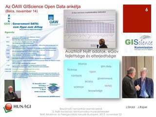 Ausztria? Nyílt adatok, eGov
fejlettsége és elterjedtsége
Beszámoló nemzetközi eseményekről
2. Nyílt forráskódú térinformatika munkaértekezlet
BME Általános- és Felsőgeodézia tanszék Budapest, 2013. november 22
6
Az ÖAW GIScience Open Data ankétja
(Bécs, november 14)
J.Strobl J.Raper
 