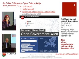 ¡   data.gv.at
¡   data.wien.at
¡  open.wien.at (2013 aug. 1 óta interfész
a publicdata.eu felé.)
Beszámoló nemzetközi eseményekről
2. Nyílt forráskódú térinformatika munkaértekezlet
BME Általános- és Felsőgeodézia tanszék Budapest, 2013. november 22
Nyílt kormányzati
adatok Ausztriában
Brigitte Lutz,
ODC Ausztria
és
Wolfgang Jörg
Bécs Önkormányzat
térinformatikai
koordinátor
Bécs
város-
gazdálkodása
nyílt eszközök
és adatok híve
8
Az ÖAW GIScience Open Data ankétja
(Bécs, november 14)
DE: 4887, AT: 386, HU: 0
m.wien.gv.at/stadtplan
 