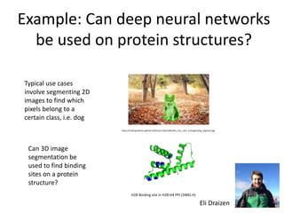 Example: Can deep neural networks
be used on protein structures?
Typical use cases
involve segmenting 2D
images to find which
pixels belong to a
certain class, i.e. dog
Can 3D image
segmentation be
used to find binding
sites on a protein
structure?
H2B Binding site in H2B:H4 PPI (3WKJ.H)
https://m2dsupsdlclass.github.io/lectures-labs/slides/04_conv_nets_2/images/dog_segment.jpg
Eli Draizen 29
 