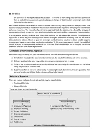 86 FP-BMEC
are convinced of the impartial basis of evaluation. The records of merit rating are available in permanent
form to protect the management against subsequent charges of discrimination which might be levelled
by the trade union leaders.
Performance appraisal has a beneficial effect on both the persons doing the appraisal and being appraised. The
appraisal brings prominently to the attention of supervisors or executives the importance of knowing their subordinates
as human resources. The necessity of performance appraisal leads the appraiser to a thoughtful analysis of
people rated and tends to make him more alive to opportunities and responsibilities in developing the subordinates.
It is the general tendency to know what others feel about us but we seldom like criticism. The objective of
appraisal is to derive the point to the appraisee without inviting his resentment or drawing back into the shell or
taking defensive attitude. Idea is to give him an insight and that too in a way that he takes suitable steps to
improve upon his performance by a constructive motivation. To this extent, appraisee is helped. He would feel
himself as a part of the organization and would put in his best. The is insight helps him in changing his attitude
and move on to the path of self-improvement.
Limitations of Performance Appraisal
Performance appraisal may not yield the desired results because of the following deficiencies:
(i) If the factors included in the assessment are irrelevant, the result of merit rating will not be accurate.
(ii) Different qualities to be rated may not be given proper weightage certain in cases.
(iii) Some of the factors are highly subjective like initiative and personality of the employees; so the actual
rating may not be on scientific lines.
(iv) Supervisors often do not have critical ability in assessing the staff. Sometimes, they are guided by their
personal emotions and likes. So the ratings are likely to be biased.
Methods of Appraisal
There are various methods of merit rating which may be classified into:
– Traditional Methods
– Modern Methods
These are shown as given hereunder:
PERFORMANCE APPRAISAL
Traditional Methods Modern Methods
(i) Unstructured Appraisal (i) Management By Objectives
(ii) Employee Ranking (ii) Behaviourally anchored rating scales
(iii) Forced Distribution
(iv) Graphic-rating scales
(v) Check Lists
(vi) Critical Incidents
(vii) Field review
METHODS OF PERFORMANCE APPRAISAL
 