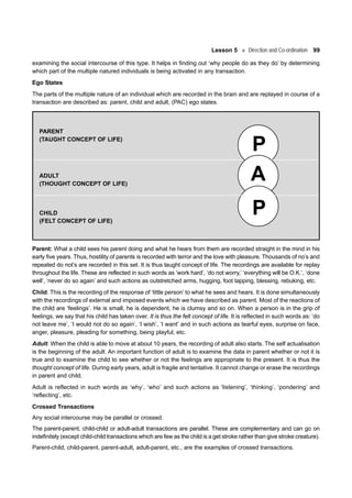 Lesson 5 Direction and Co-ordination 99
examining the social intercourse of this type. It helps in finding out ‘why people do as they do’ by determining
which part of the multiple natured individuals is being activated in any transaction.
Ego States
The parts of the multiple nature of an individual which are recorded in the brain and are replayed in course of a
transaction are described as: parent, child and adult, (PAC) ego states.
PARENT
(TAUGHT CONCEPT OF LIFE)
ADULT
(THOUGHT CONCEPT OF LIFE)
CHILD
(FELT CONCEPT OF LIFE)
Parent: What a child sees his parent doing and what he hears from them are recorded straight in the mind in his
early five years. Thus, hostility of parents is recorded with terror and the love with pleasure. Thousands of no’s and
repeated do not’s are recorded in this set. It is thus taught concept of life. The recordings are available for replay
throughout the life. These are reflected in such words as ‘work hard’, ‘do not worry,’ ‘everything will be O.K.’, ‘done
well’, ‘never do so again’ and such actions as outstretched arms, hugging, foot tapping, blessing, rebuking, etc.
Child: This is the recording of the response of ‘little person’ to what he sees and hears. It is done simultaneously
with the recordings of external and imposed events which we have described as parent. Most of the reactions of
the child are ‘feelings’. He is small, he is dependent, he is clumsy and so on. When a person is in the grip of
feelings, we say that his child has taken over. It is thus the felt concept of life. It is reflected in such words as: ‘do
not leave me’, ‘I would not do so again’, ‘I wish’, ‘I want’ and in such actions as tearful eyes, surprise on face,
anger, pleasure, pleading for something, being playful, etc.
Adult: When the child is able to move at about 10 years, the recording of adult also starts. The self actualisation
is the beginning of the adult. An important function of adult is to examine the data in parent whether or not it is
true and to examine the child to see whether or not the feelings are appropriate to the present. It is thus the
thought concept of life. During early years, adult is fragile and tentative. It cannot change or erase the recordings
in parent and child.
Adult is reflected in such words as ‘why’, ‘who’ and such actions as ‘listening’, ‘thinking’, ‘pondering’ and
‘reflecting’, etc.
Crossed Transactions
Any social intercourse may be parallel or crossed.
The parent-parent, child-child or adult-adult transactions are parallel. These are complementary and can go on
indefinitely (except child-child transactions which are few as the child is a get stroke rather than give stroke creature).
Parent-child, child-parent, parent-adult, adult-parent, etc., are the examples of crossed transactions.
P
A
P
 