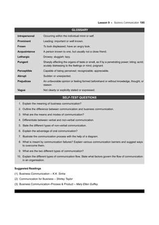 Lesson 9 Business Communication 195
GLOSSARY
Intrapersonal Occurring within the individual mind or self.
Prominent Leading; important or well known.
Frown To look displeased; have an angry look.
Acquaintance A person known to one, but usually not a close friend.
Lethargic Drowsy; sluggish; lazy.
Pungent Sharply affecting the organs of taste or smell, as if by a penetrating power; biting; acrid;
acutely distressing to the feelings or mind; poignant.
Perceptible Capable of being perceived; recognizable; appreciable.
Abrupt Sudden or unexpected.
Prejudices An unfavorable opinion or feeling formed beforehand or without knowledge, thought, or
reason.
Vague Not clearly or explicitly stated or expressed.
SELF-TEST QUESTIONS
1. Explain the meaning of business communication?
2. Outline the difference between communication and business communication.
3. What are the means and modes of communication?
4. Differentiate between verbal and non-verbal communication.
5. State the different types of non-verbal communication.
6. Explain the advantage of oral communication?
7. Illustrate the communication process with the help of a diagram.
8. What is meant by communication failures? Explain various communication barriers and suggest ways
to overcome them.
9. What are the two different types of communication?
10. Explain the different types of communication flow. State what factors govern the flow of communication
in an organisation.
Suggested Readings
(1) Business Communication – K.K. Sinha
(2) Communication for Business – Shirley Taylor
(3) Business Communication–Process & Product – Mary Ellen Guffey.
 