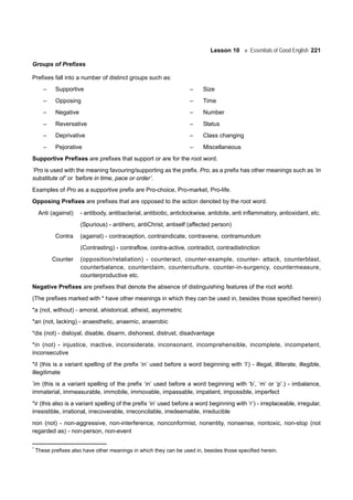 Lesson 10 Essentials of Good English 221
Groups of Prefixes
Prefixes fall into a number of distinct groups such as:
– Supportive – Size
– Opposing – Time
– Negative – Number
– Reversative – Status
– Deprivative – Class changing
– Pejorative – Miscellaneous
Supportive Prefixes are prefixes that support or are for the root word.
*
Pro is used with the meaning favouring/supporting as the prefix. Pro, as a prefix has other meanings such as ‘in
substitute of’ or ‘before in time, pace or order’.
Examples of Pro as a supportive prefix are Pro-choice, Pro-market, Pro-life.
Opposing Prefixes are prefixes that are opposed to the action denoted by the root word.
Anti (against) - antibody, antibacterial, antibiotic, anticlockwise, antidote, anti inflammatory, antioxidant, etc.
(Spurious) - antihero, antiChrist, antiself (affected person)
Contra (against) - contraception, contraindicate, contravene, contramundum
(Contrasting) - contraflow, contra-active, contradict, contradistinction
Counter (opposition/retaliation) - counteract, counter-example, counter- attack, counterblast,
counterbalance, counterclaim, counterculture, counter-in-surgency, countermeasure,
counterproductive etc.
Negative Prefixes are prefixes that denote the absence of distinguishing features of the root world.
(The prefixes marked with * have other meanings in which they can be used in, besides those specified herein)
*a (not, without) - amoral, ahistorical, atheist, asymmetric
*an (not, lacking) - anaesthetic, anaemic, anaerobic
*dis (not) - disloyal, disable, disarm, dishonest, distrust, disadvantage
*in (not) - injustice, inactive, inconsiderate, inconsonant, incomprehensible, incomplete, incompetent,
inconsecutive
*iI (this is a variant spelling of the prefix ‘in’ used before a word beginning with ‘I’) - illegal, illiterate, illegible,
illegitimate
*
im (this is a variant spelling of the prefix ‘in’ used before a word beginning with ‘b’, ‘m’ or ‘p’.) - imbalance,
immaterial, immeasurable, immobile, immovable, impassable, impatient, impossible, imperfect
*ir (this also is a variant spelling of the prefix ‘in’ used before a word beginning with ‘r’) - irreplaceable, irregular,
irresistible, irrational, irrecoverable, irreconcilable, irredeemable, irreducible
non (not) - non-aggressive, non-interference, nonconformist, nonentity, nonsense, nontoxic, non-stop (not
regarded as) - non-person, non-event
*
These prefixes also have other meanings in which they can be used in, besides those specified herein.
 