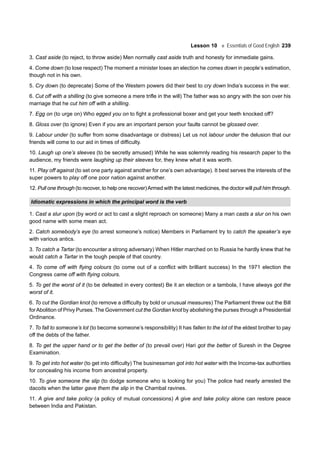 Lesson 10 Essentials of Good English 239
3. Cast aside (to reject, to throw aside) Men normally cast aside truth and honesty for immediate gains.
4. Come down (to lose respect) The moment a minister loses an election he comes down in people’s estimation,
though not in his own.
5. Cry down (to deprecate) Some of the Western powers did their best to cry down India’s success in the war.
6. Cut off with a shilling (to give someone a mere trifle in the will) The father was so angry with the son over his
marriage that he cut him off with a shilling.
7. Egg on (to urge on) Who egged you on to fight a professional boxer and get your teeth knocked off?
8. Gloss over (to ignore) Even if you are an important person your faults cannot be glossed over.
9. Labour under (to suffer from some disadvantage or distress) Let us not labour under the delusion that our
friends will come to our aid in times of difficulty.
10. Laugh up one’s sleeves (to be secretly amused) While he was solemnly reading his research paper to the
audience, my friends were laughing up their sleeves for, they knew what it was worth.
11. Play off against (to set one party against another for one’s own advantage). It best serves the interests of the
super powers to play off one poor nation against another.
12. Pull one through (to recover, to help one recover)Armed with the latest medicines, the doctor will pull him through.
Idiomatic expressions in which the principal word is the verb
1. Cast a slur upon (by word or act to cast a slight reproach on someone) Many a man casts a slur on his own
good name with some mean act.
2. Catch somebody’s eye (to arrest someone’s notice) Members in Parliament try to catch the speaker’s eye
with various antics.
3. To catch a Tartar (to encounter a strong adversary) When Hitler marched on to Russia he hardly knew that he
would catch a Tartar in the tough people of that country.
4. To come off with flying colours (to come out of a conflict with brilliant success) In the 1971 election the
Congress came off with flying colours.
5. To get the worst of it (to be defeated in every contest) Be it an election or a tambola, I have always got the
worst of it.
6. To cut the Gordian knot (to remove a difficulty by bold or unusual measures) The Parliament threw out the Bill
forAbolition of Privy Purses. The Government cut the Gordian knot by abolishing the purses through a Presidential
Ordinance.
7. To fall to someone’s lot (to become someone’s responsibility) It has fallen to the lot of the eldest brother to pay
off the debts of the father.
8. To get the upper hand or to get the better of (to prevail over) Hari got the better of Suresh in the Degree
Examination.
9. To get into hot water (to get into difficulty) The businessman got into hot water with the Income-tax authorities
for concealing his income from ancestral property.
10. To give someone the slip (to dodge someone who is looking for you) The police had nearly arrested the
dacoits when the latter gave them the slip in the Chambal ravines.
11. A give and take policy (a policy of mutual concessions) A give and take policy alone can restore peace
between India and Pakistan.
 
