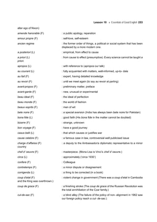 Lesson 10 Essentials of Good English 253
alter ego of Nixon)
amende hanorable (F) : a public apology, reparation
amour propre (F) : self-love, self-esteem
ancien regime : the former order of things, a political or social system that has been
displaced by a more modern one.
a posteriori (L) : empirical, from effect to cause
a priori (L) : from cause to effect (presumptive). Every science cannot be taught a
priori.
apropos (L) : with reference to (apropos our talk)
au courant (L) : fully acquainted with matters, well-informed, up-to- date
au fait (F) : expert, having detailed knowledge
au revoir (F) : until we meet again (to say au revoir at parting)
avant-propos (F) : preliminary matter, preface
avant-garde (F) : new, unusual or experimental
beau ideal (F) : the ideal of perfection
beau monde (F) : the world of fashion
beaux esprits (F) : men of wit
bete noire (F) : a special aversion (India has always been bete noire for Pakistan)
bona fide (L) : good faith (His bona fide in the matter cannot be doubted)
bizarre (F) : strange, unknown
bon voyage (F) : have a good journey
casus belli (L) : that which causes or justifies war
cause celebre (F) : a famous case in law, controversial well publicised issue
charge d’affaires (F) : a deputy to the Ambassador/a diplomatic representative to a minor
country
chef d’ oeuvre (F) : masterpiece. (Mona Lisa is Vinci’s chef d’ oeuvre.)
circa (L) : approximately (‘circa 1930’)
confere (F) : Colleague
contretemps (F) : a minor dispute or disagreement
corrigenda (L) : a thing to be corrected (in a book)
coup d’etat (F) : violent change in government (There was a coup d’etat in Cambodia
and the King was overthrown.)
coup de grace (F) : a finishing stroke (The coup de grace of the Russian Revolution was
the total annihiliation of the Czar family.)
cul-de-sac (F) : a blind alley (The failure of the policy of non- alignment in 1962 saw
our foreign policy reach a cul- de-sac.)
 