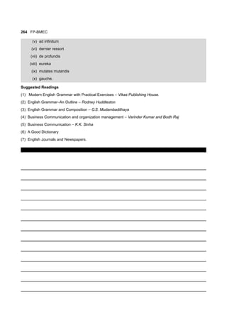 264 FP-BMEC
(v) ad infinitum
(vi) dernier ressort
(vii) de profundis
(viii) eureka
(ix) mutates mutandis
(x) gauche.
Suggested Readings
(1) Modern English Grammar with Practical Exercises – Vikas Publishing House.
(2) English Grammar–An Outline – Rodney Huddleston
(3) English Grammar and Composition – G.S. Mudambadithaya
(4) Business Communication and organization management – Varinder Kumar and Bodh Raj
(5) Business Communication – K.K. Sinha
(6) A Good Dictionary
(7) English Journals and Newspapers.
 