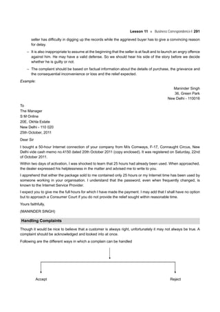 Lesson 11 Business Correspondence-I 291
seller has difficulty in digging up the records while the aggrieved buyer has to give a convincing reason
for delay.
– It is also inappropriate to assume at the beginning that the seller is at fault and to launch an angry offence
against him. He may have a valid defense. So we should hear his side of the story before we decide
whether he is guilty or not.
– The complaint should be based on factual information about the details of purchase, the grievance and
the consequential inconvenience or loss and the relief expected.
Example:
Maninder Singh
36, Green Park
New Delhi - 110016
To
The Manager
S M Online
20E, Okhla Estate
New Delhi - 110 020
25th October, 2011
Dear Sir
I bought a 50-hour Internet connection of your company from M/s Comways, F-17, Connaught Circus, New
Delhi vide cash memo no.4150 dated 20th October 2011 (copy enclosed). It was registered on Saturday, 22nd
of October 2011.
Within two days of activation, I was shocked to learn that 25 hours had already been used. When approached,
the dealer expressed his helplessness in the matter and advised me to write to you.
I apprehend that either the package sold to me contained only 25 hours or my Internet time has been used by
someone working in your organisation. I understand that the password, even when frequently changed, is
known to the Internet Service Provider.
I expect you to give me the full hours for which I have made the payment. I may add that I shall have no option
but to approach a Consumer Court if you do not provide the relief sought within reasonable time.
Yours faithfully,
(MANINDER SINGH)
Handling Complaints
Though it would be nice to believe that a customer is always right, unfortunately it may not always be true. A
complaint should be acknowledged and looked into at once.
Following are the different ways in which a complain can be handled
Accept Reject
 