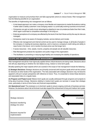 Lesson 7 Recent Trends in Management 151
organization to measure and prioritize them and take appropriate actions to reduce losses. Risk management
has the following benefits for an organization:
The benefits of implementing risk management are as follows:
– A risk-based approach can make a company more flexible and responsive to market fluctuations making
it better able to satisfy customers’ ever-changing needs in a continually evolving business environment.
– Companies can gain an early-mover advantage by adapting to new circumstances faster than their rivals,
which again could lead to competitive advantage in the long-run.
– External perceptions of a company are affected by the level of risk that it faces and by the way its risks are
managed.
– Companies need to be aware of changing markets, service delivery and morale.
– Effective risk management and internal control can be used to manage change, to all levels of people in
the company in meeting its business objectives, and to improve a company’s credit rating and ability to
raise funds in the future, not to mention its share price over the longer term.
– It saves resources – time, assets, income, property and people are all valuable resources.
– Risk Management protects the reputation and public image of the organization.
– This facilitates in preventing or reducing legal liability and increasing the stability of operations.
SCOPE AND APPLICABILITY OF RISK MANAGEMENT
Risk management should be most rigorously applied where critical decisions are being made. Decisions about
risk will vary depending on whether the risk relates to long, medium or short term goals.
Broadly speaking the major aspects which are covered in the scope of risk management include the following :
(i) Strategic Decisions: Strategic decisions are primarily concerned with long-term goals which set the context
for decisions at other levels of the organization. The risks associated with strategic decisions may not become
apparent until put in proper perspective with reference to future. Thus, it is essential to review these decisions
and associated risks on a regular basis.
(ii) Program and Project Level: Medium-term goals are usually addressed through programs and projects to
bring about business change. Decisions relating to medium-term goals are narrower in scope than strategic
ones, particularly in terms of time frame and financial responsibilities.
(iii) Operational Level: The emphasis is on short-term goals to ensure ongoing continuity of business services.
However, the decisions about risk at this level must also support the achievement of long and medium term goals.
Strategic decisions Strategic Uncertainly
Decisions transferring
strategy into action Programmee
Decisions required for
implementation Project and operatinal
Scope and Applicability of Risk Management
 