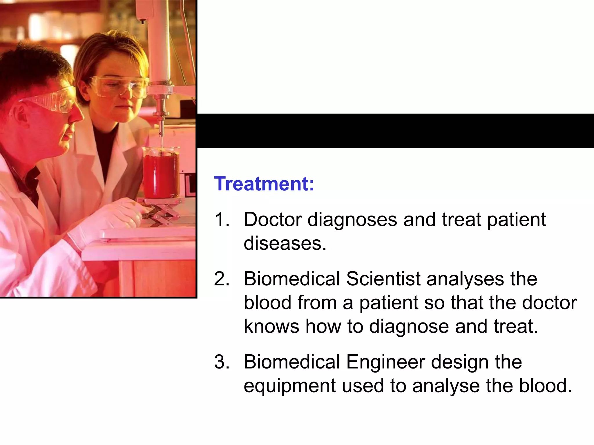 CRICOS: 00116K
Treatment:
1. Doctor diagnoses and treat patient
diseases.
2. Biomedical Scientist analyses the
blood from a patient so that the doctor
knows how to diagnose and treat.
3. Biomedical Engineer design the
equipment used to analyse the blood.
 