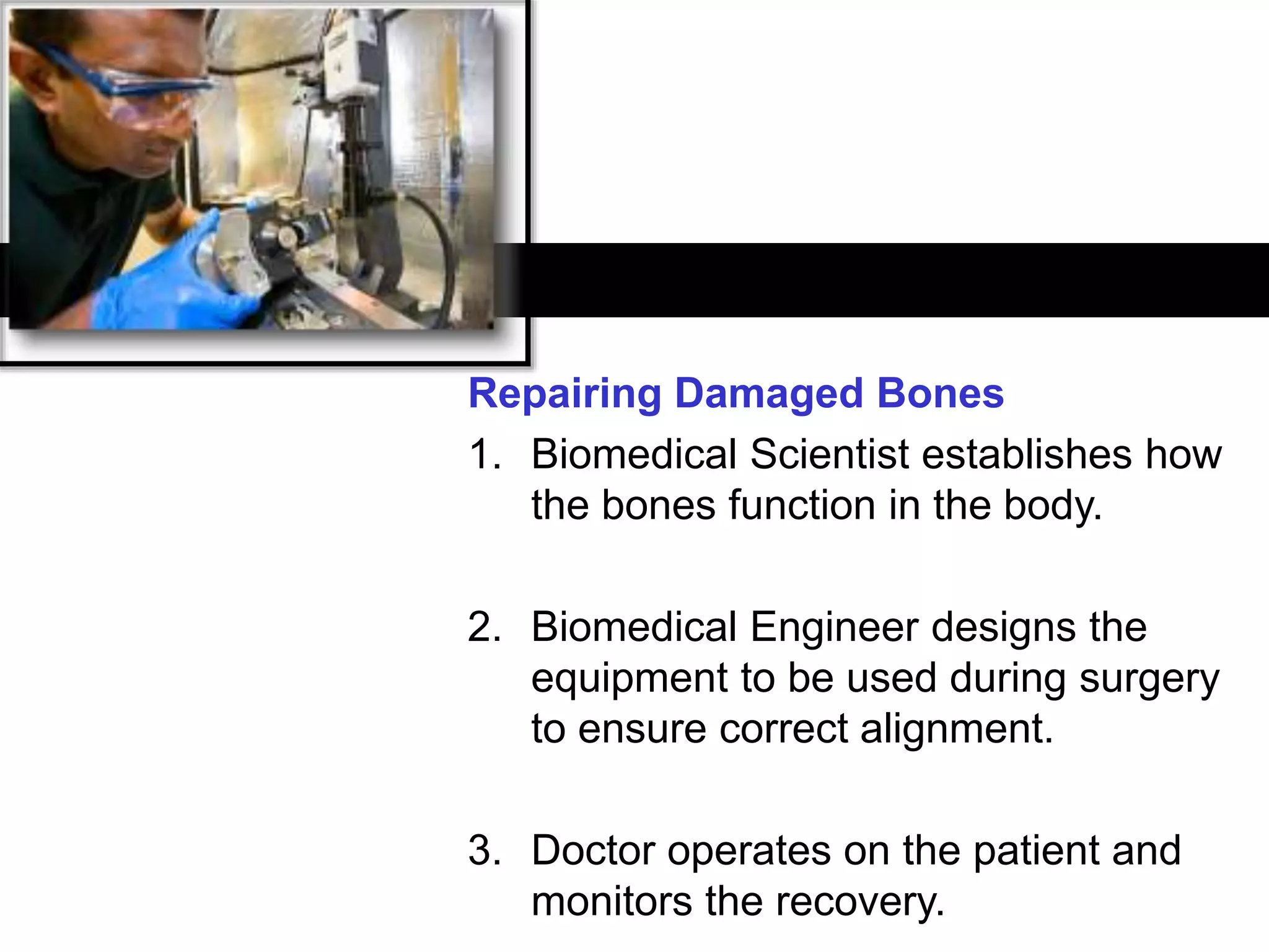 CRICOS: 00116K
Repairing Damaged Bones
1. Biomedical Scientist establishes how
the bones function in the body.
2. Biomedical Engineer designs the
equipment to be used during surgery
to ensure correct alignment.
3. Doctor operates on the patient and
monitors the recovery.
 