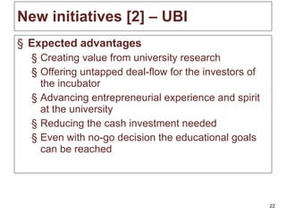 New initiatives [ 2 ]  – UBI Expected advantages Creating value from university research Offering untapped deal-flow for the investors of the incubator Advancing entrepreneurial experience and spirit at the university Reducing the cash investment needed Even with no-go decision the educational goals can be reached 