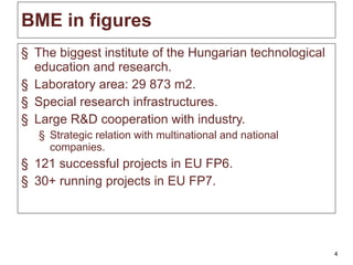 BME in figures The biggest institute of the Hungarian technological education and research. Laboratory area: 29 873 m2. Special research infrastructures. Large R&D cooperation with industry.  Strategic relation with multinational and national companies. 121 successful projects in EU FP6. 30 +  running projects in EU FP7. 