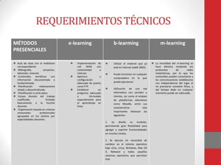 REQUERIMIENTOS TÉCNICOS
MÉTODOS                                  e-learning                        b-learming                             m-learning
PRESENCIALES

 Aula de clase con el mobiliario           Implementación de           Utilizar el material que ya       La movilidad del m-learning se
  correspondiente.                           red     WAN      con         está en internet (adell 2002).     hace efectiva mediante los
 -Bibliografía,           proyector,        conectividad       a                                            protocolos      de        redes
  televisión, Internet.                      internet.                   Puede funcionar en cualquier       inalámbricas, por lo que los
 -Contenidos      temáticos       con      Apertura           y                                            contenidos pueden consultarse y
                                                                          computadora en la que
  información documentada y                  configuración                                                   las comunicaciones establecerse
  fundamentada.                              adecuada de puerto           pueda ejecutarse.                  con independencia del lugar al
 -Planificación       relativamente         como FTP.                                                       no precisarse conexión física, y
  simple y descentralizada.                 Establecer        un        Utilización de una red             del tiempo dado en cualquier
 -Planificación a corto plazo.              programa adecuado            informática con servidor y         momento puede ser adecuado.
 -Escasa división del trabajo               y          formulado         clientes, así como el empleo
  cualificado,                limitado       especialmente para           de plataformas educativas
  básicamente a la función                   el aprendizaje en            como Moodle, entre sus
  docente.                                   línea.
                                                                          características         más
 -Organización basada en criterios
  artesanales:          profesionales                                     importantes destacan las
  agrupados en los centros por                                            siguientes:
  especialidades docentes.
                                                                    1.   Su   diseño    es     modular,
                                                                    permitiendo gran flexibilidad para
                                                                    agregar y suprimir funcionalidades
                                                                    en muchos niveles.

                                                                    2. Se ejecuta sin necesidad de
                                                                    cambios en el sistema operativo
                                                                    bajo Unix, Linux, Windows, Mac OS
                                                                    X, Netware y todos aquellos
                                                                    sistemas operativos que permitan
                                                                    PHP.
 