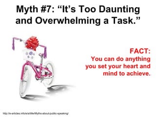Myth #7: “It’s Too Daunting
           and Overwhelming a Task.”


                                                                              FACT:
                                                                  You can do anything
                                                                you set your heart and
                                                                      mind to achieve.




http://e-articles.info/e/a/title/Myths-about-public-speaking/
 