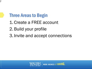 Three Areas to Begin
1. Create a FREE account
2. Build your profile
3. Invite and accept connections
7
 