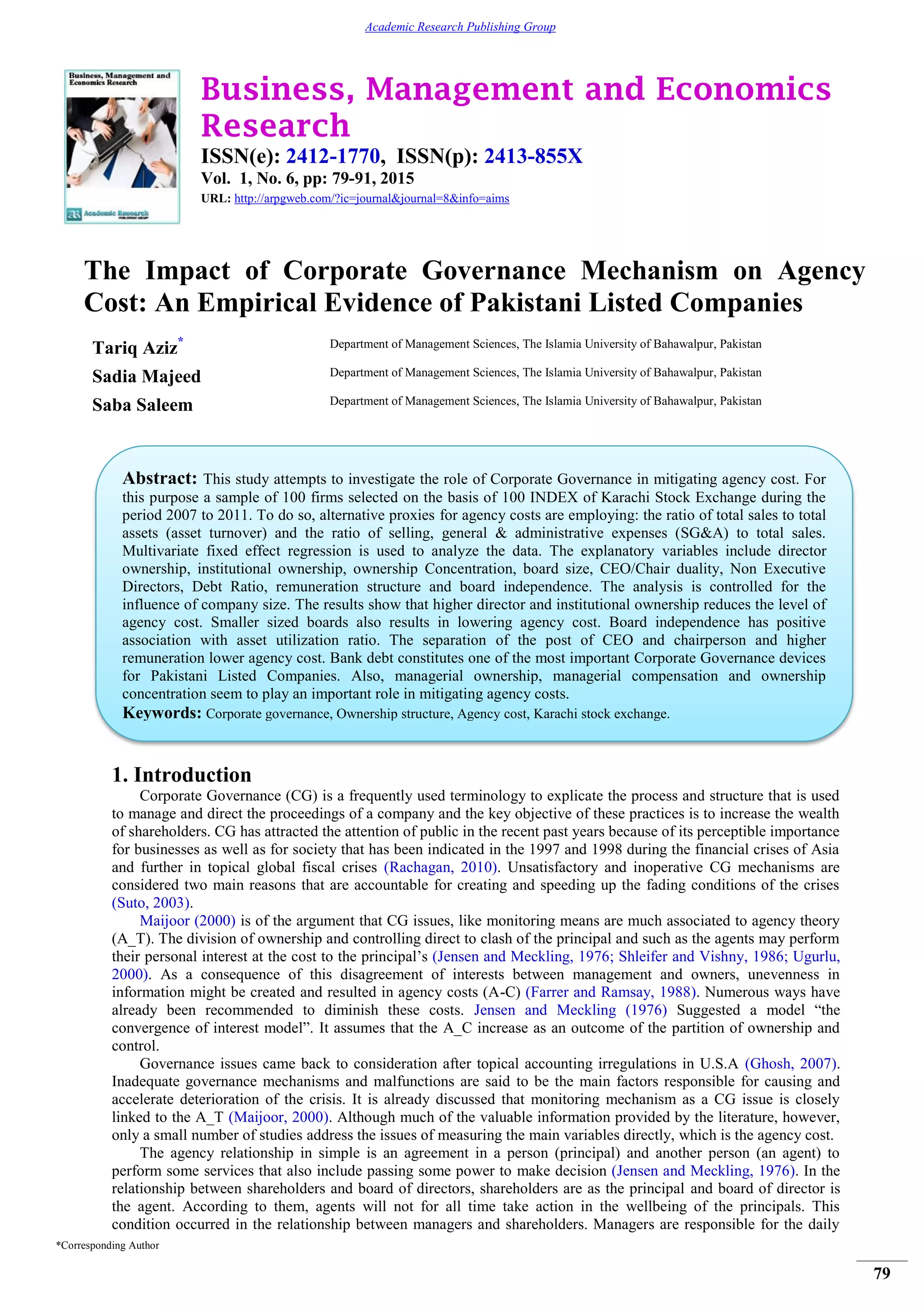The Impact of Corporate Governance Mechanism on Agency Cost: An ...