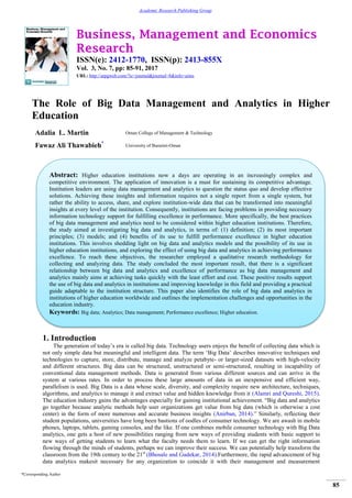 The Role of Big Data Management and Analytics in Higher Education | PDF
